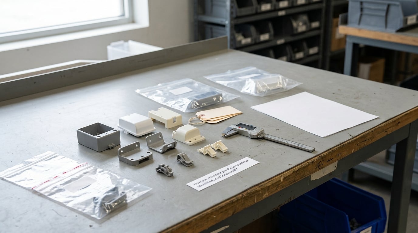 How are returned products received, identified, and inspected?