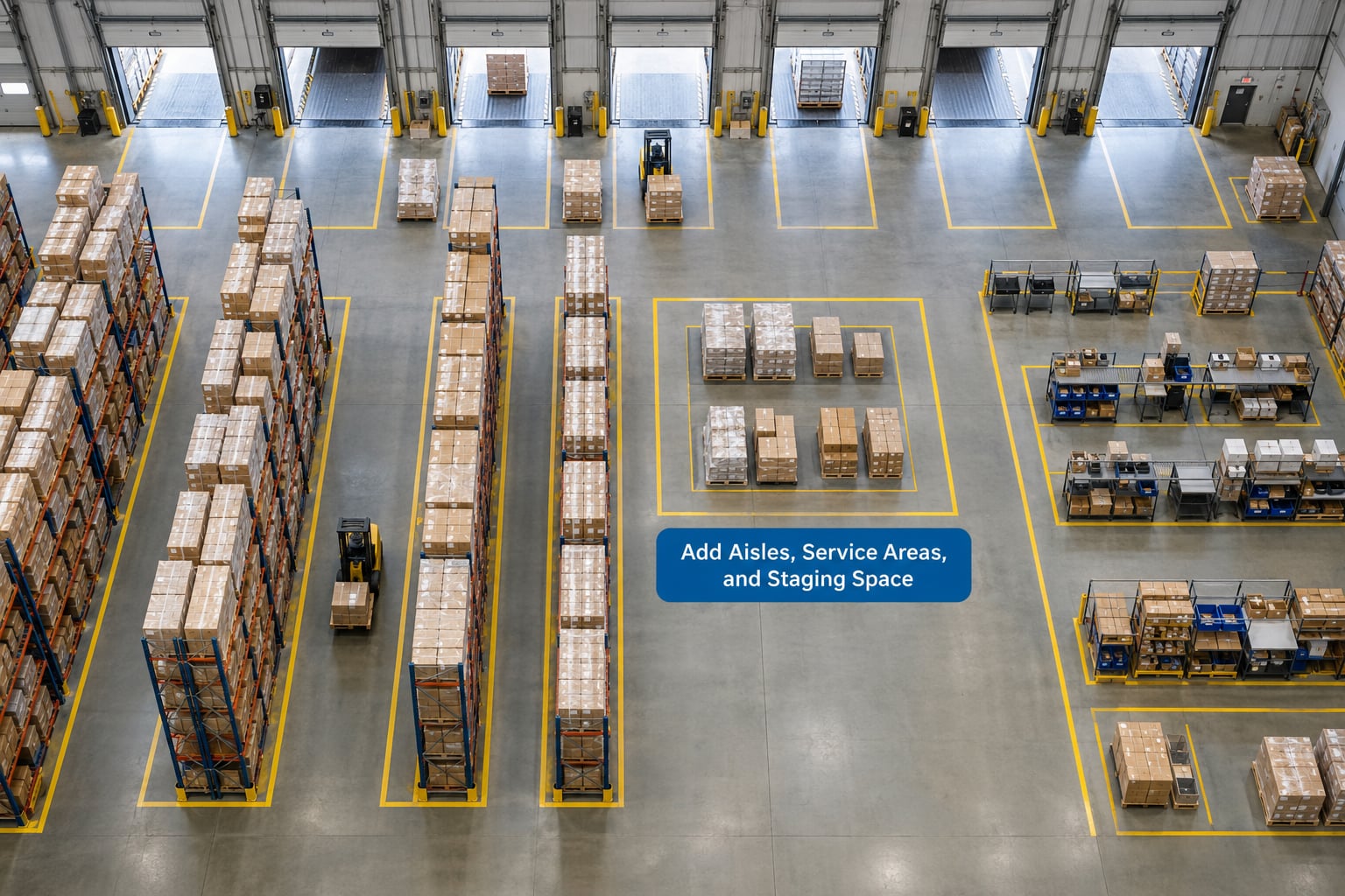 Add Aisles, Service Areas, and Staging Space